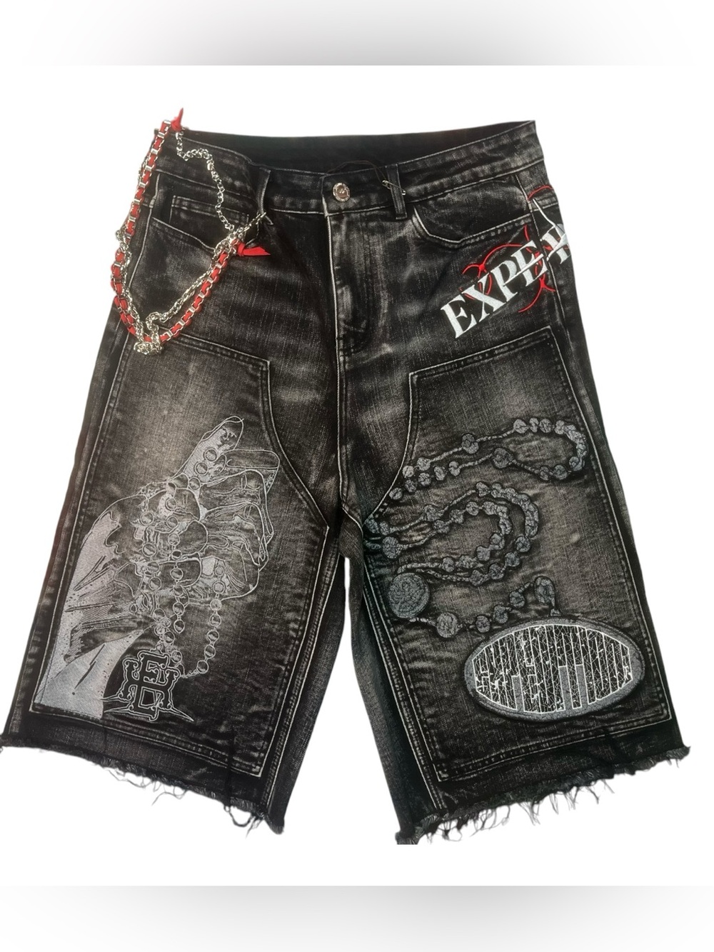 Sz 34 Black Graphic Denim Men’s Shorts with Chain Detail